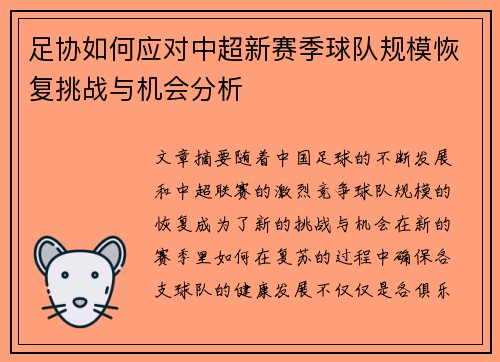 足协如何应对中超新赛季球队规模恢复挑战与机会分析