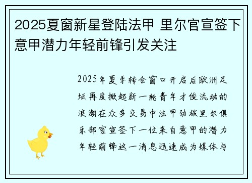 2025夏窗新星登陆法甲 里尔官宣签下意甲潜力年轻前锋引发关注