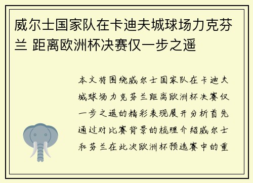 威尔士国家队在卡迪夫城球场力克芬兰 距离欧洲杯决赛仅一步之遥 威尔士国家队在卡迪夫城球场力克芬兰 距离欧洲杯决赛仅一步之遥